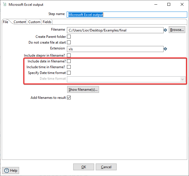 Microsoft Excel Output Settings - Save Data and Time